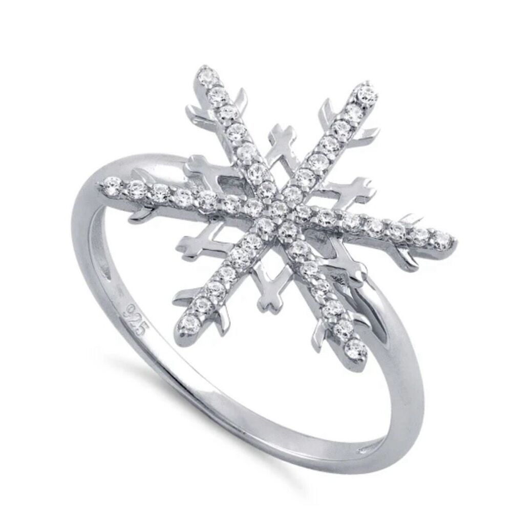 Solid Sterling Silver Unique Snowflake Clear CZ New
